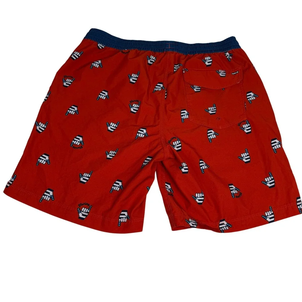 Hurley Mens‎ Red Shaka Hand Print Swim Trunks Board Shorts Size Large 1416-1022